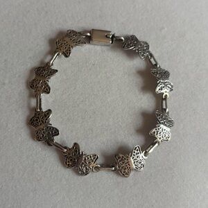 Vintage TV-143 Taxco 925 Sterling Silver Butterfly Charm Chain Bracelet 7”